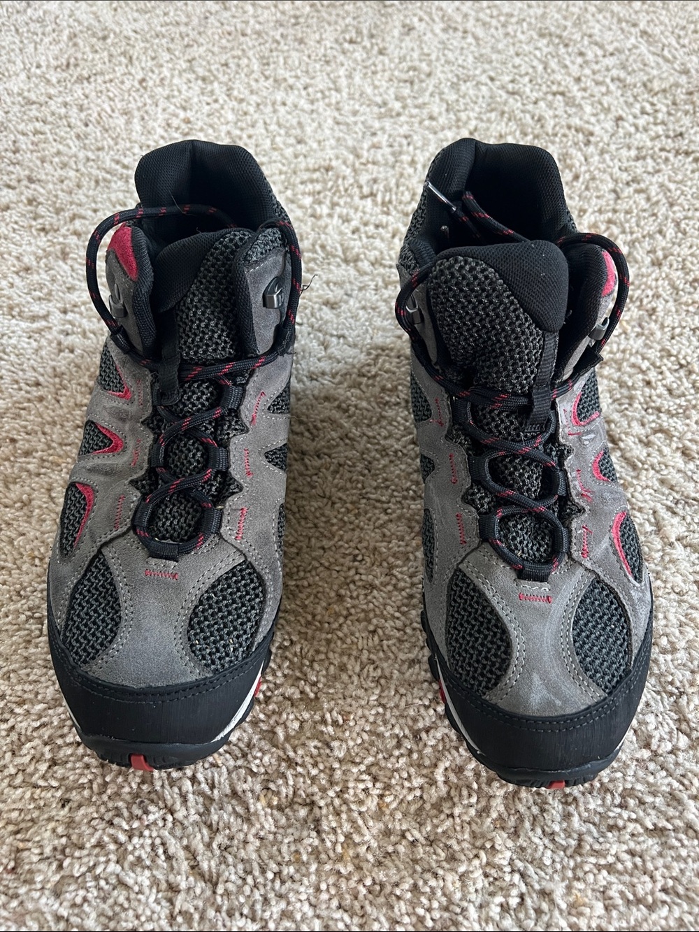 Merrell Gray and Black Hiking Boots with Red Accents